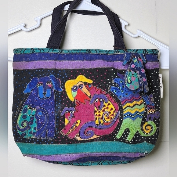 Laurel Burch Cats & Dogs Small Tote Bag With Wooden Dog Accessory - Picture 1 of 7